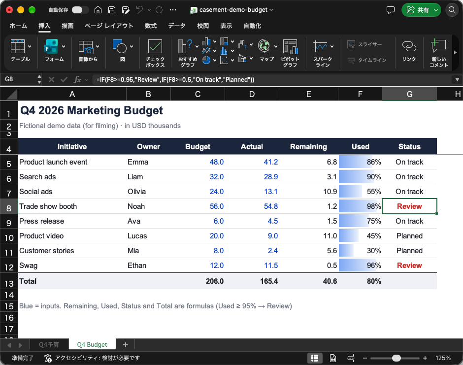 A desktop Excel window (a demo budget sheet)